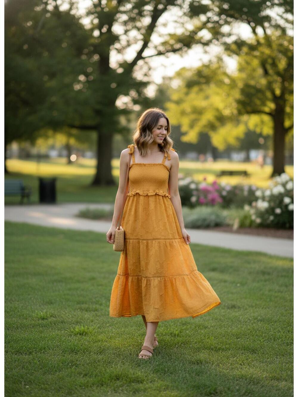 Lulus Yellow Smocked Sundress Boho Summer Tie Straps and Tiered Skirt Large